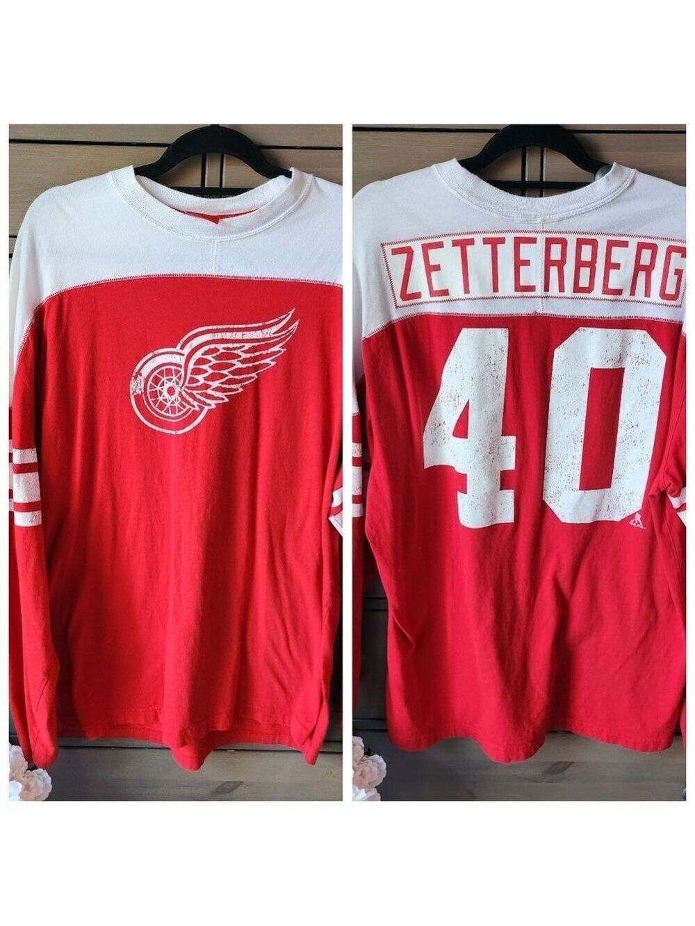 Reebok  Detroit Red Wings Zetterberg #40 Red & White Long Sleeve Tee